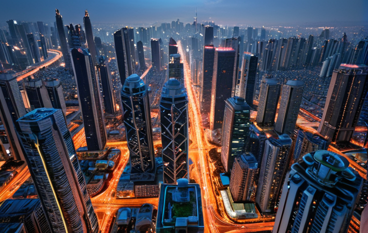A sprawling, vibrant megacity at dusk, with countless high-rise buildings illuminated, reflecting a sense of immense opportunity and overwhelming density. Below, intricate layers of congested traffic and bustling crowds hint at the intense competition, housing challenges, and environmental strains within its complex ecosystem. Emphasize both the awe-inspiring scale and the underlying urban challenges. Ultra-realistic, cinematic lighting.