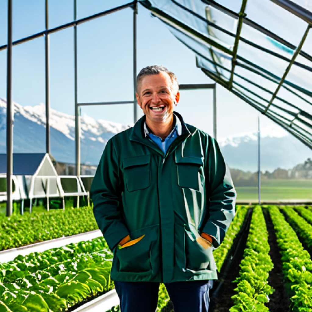 A professional agronomist, fully clothed in modest, appropriate attire, stands confidently in a vibrant smart farm. Lush, green fields stretch into the background, where distant, tree-covered mountains rise. Sunlight streams over modern, transparent greenhouse structures, symbolizing sustainable agricultural innovation. The scene is clean and bright, showcasing perfect anatomy, correct proportions, and a natural pose. High-quality professional photography, safe for work, appropriate content, family-friendly.