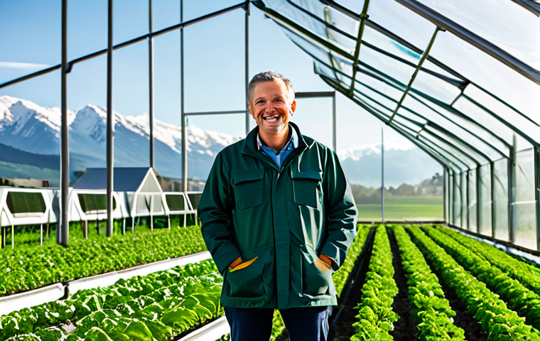 A professional agronomist, fully clothed in modest, appropriate attire, stands confidently in a vibrant smart farm. Lush, green fields stretch into the background, where distant, tree-covered mountains rise. Sunlight streams over modern, transparent greenhouse structures, symbolizing sustainable agricultural innovation. The scene is clean and bright, showcasing perfect anatomy, correct proportions, and a natural pose. High-quality professional photography, safe for work, appropriate content, family-friendly.