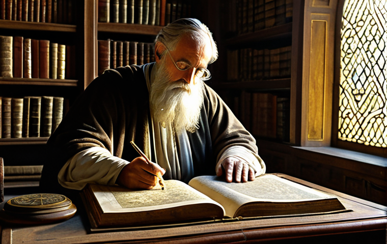 지리학 전문 서적 - **Image Prompt 1: The Dawn of Geographic Wisdom**
A serene, scholarly scene set within a grand, ...