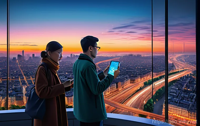 GIS 소프트웨어 - **Prompt 1: GIS in Everyday Life and Smart Cities**
    A vibrant, modern cityscape at sunset. In th...