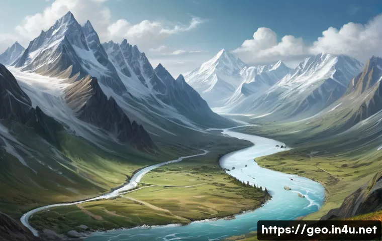 지리학과 정치학 - A detailed and realistic digital painting of a rugged mountain border landscape, illustrating the po...