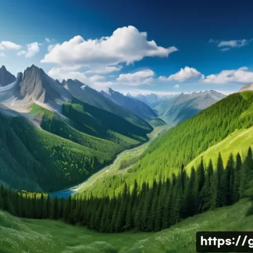 산지 지리학 - A panoramic view of a rugged mountain range with steep slopes and varying altitudes, showing diverse...