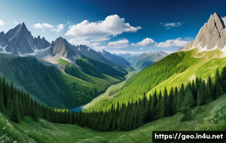산지 지리학 - A panoramic view of a rugged mountain range with steep slopes and varying altitudes, showing diverse...