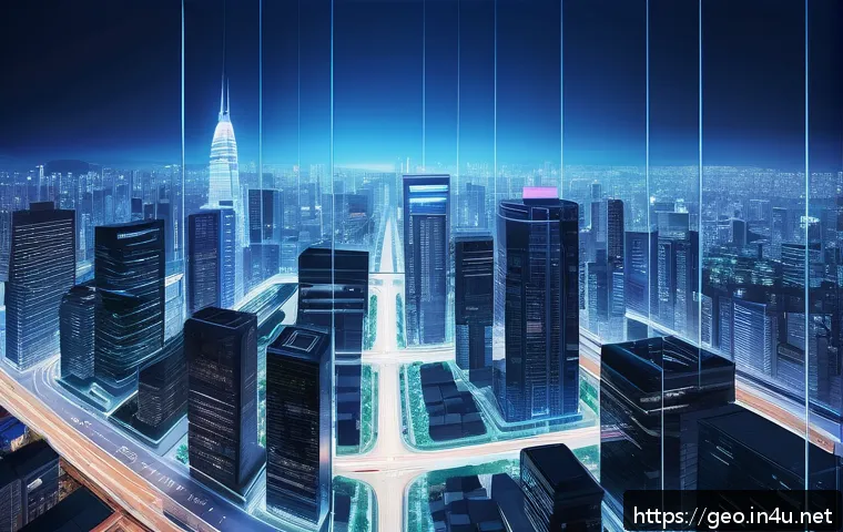 GIS 지리정보시스템 - A futuristic cityscape showcasing integrated urban spatial data on a large transparent digital map h...