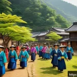 지리학과 인류학의 관계 - A vibrant mountain village scene depicting a close-knit community engaged in traditional ceremonies,...