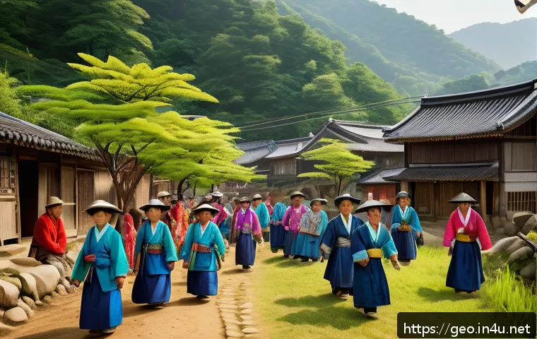 지리학과 인류학의 관계 - A vibrant mountain village scene depicting a close-knit community engaged in traditional ceremonies,...