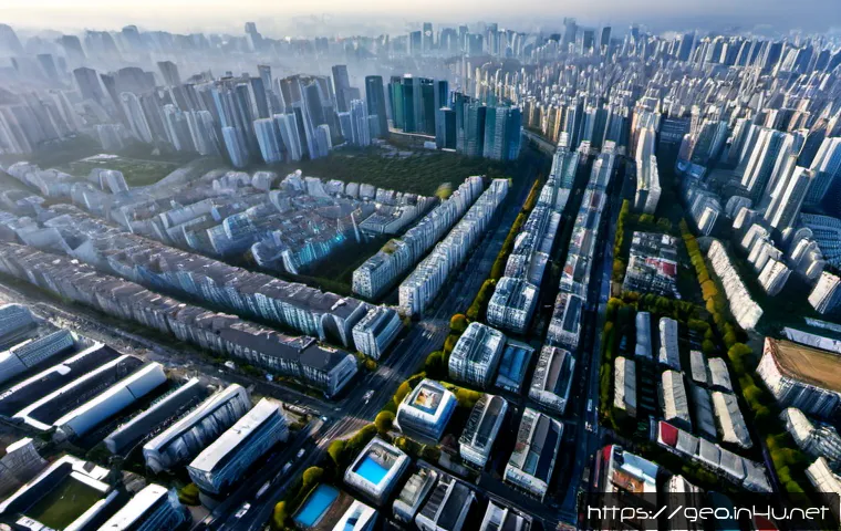 인구 밀도 분석 - Photorealistic aerial view of a dense modern city center beside a spacious low-density suburban neig...