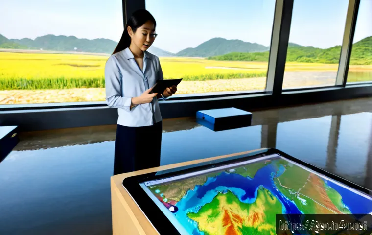지리학적 응용 연구 - Photorealistic applied geography research scene, diverse team of environmental scientists studying a...