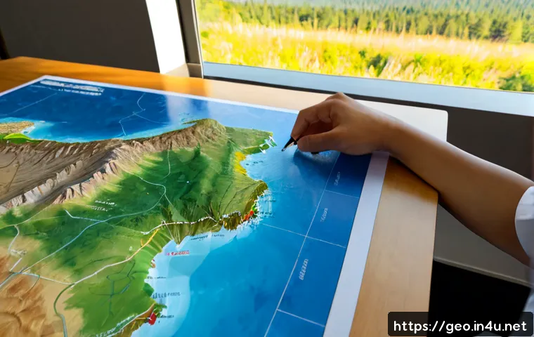 지리학적 자원 관리 - Photorealistic environmental planner reviewing a large unlabeled topographic relief map on a clean w...