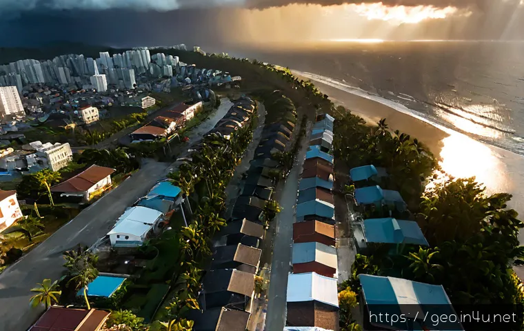 자연재해와 지리학 - Photorealistic aerial view of a coastal town after a powerful hurricane, flooded streets and wind-be...